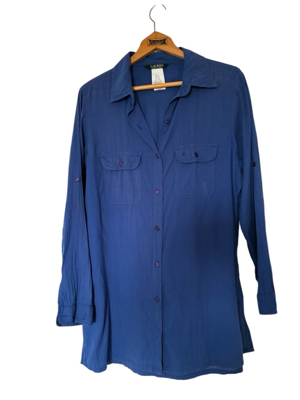 Lauren Ralph Lauren Blue Cotton Button Down Tunic Shirt Roll Tab Workwear Size L
